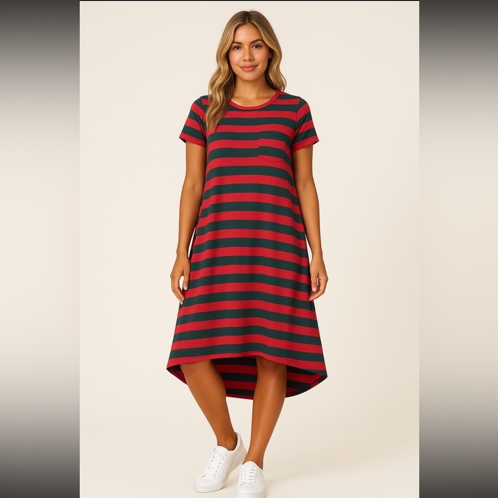 Lularoe Carly Dress Size Medium Red Green Striped Short Sleeve Chest Pocket